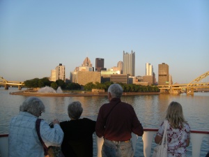 a view from the riverboat, this is where the two rivers meet and turn into the Ohio River.  the city sits on the Point